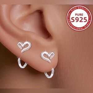 Silver Delicate Hollow  Heart Hoop Earrings 925 Silver